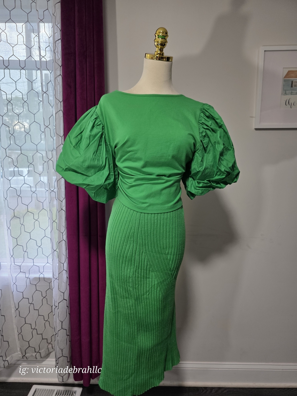 Green Puff-Sleeve Knit Skirt Set